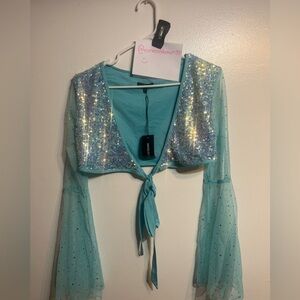 DAZED DREAMER SEQUIN WRAP TOP - BLUE size xl